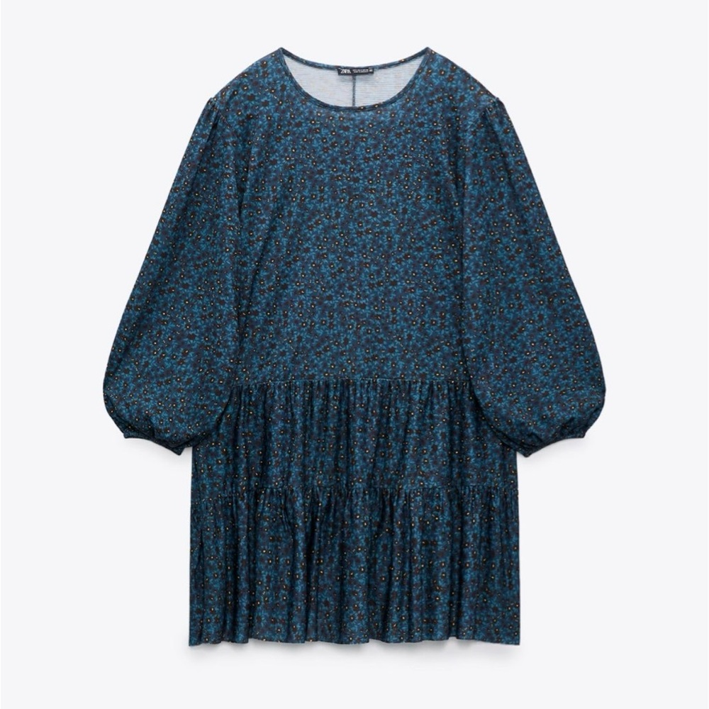 Zara mini floral print tiered dress with wide balloon sleeves Size L